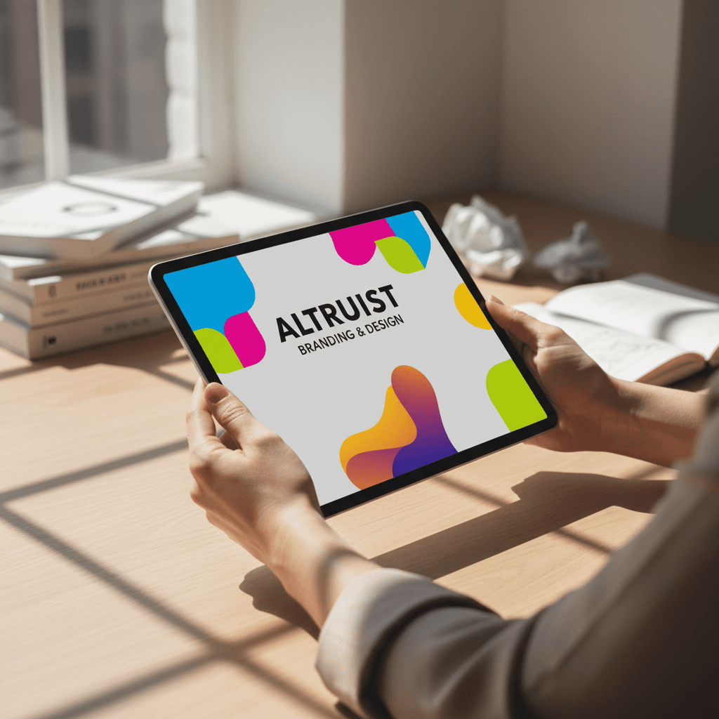 Designer reviewing brand identity on tablet with colorful mockups