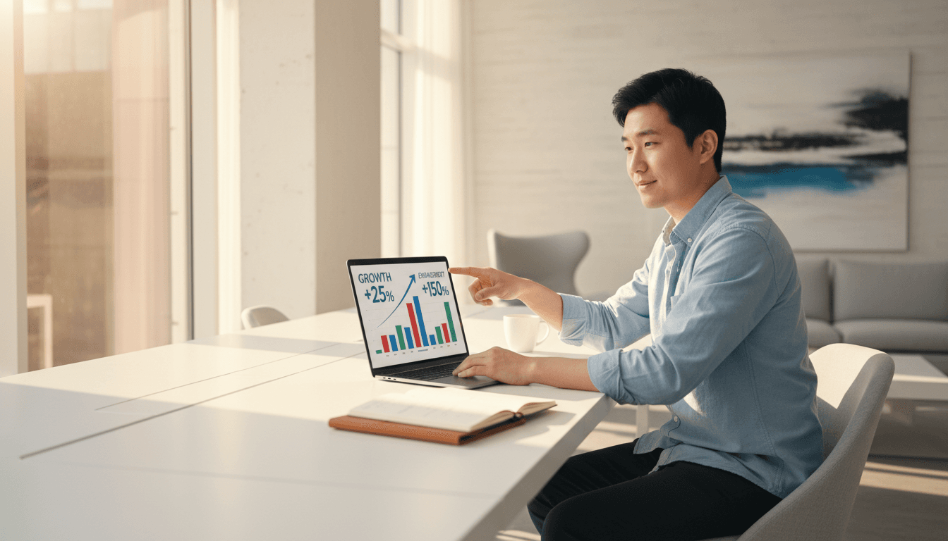 Entrepreneur analyzing social media performance metrics on laptop