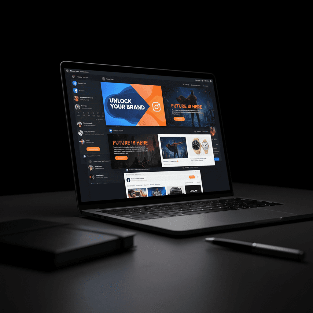 Multiple ad creative designs on laptop screen