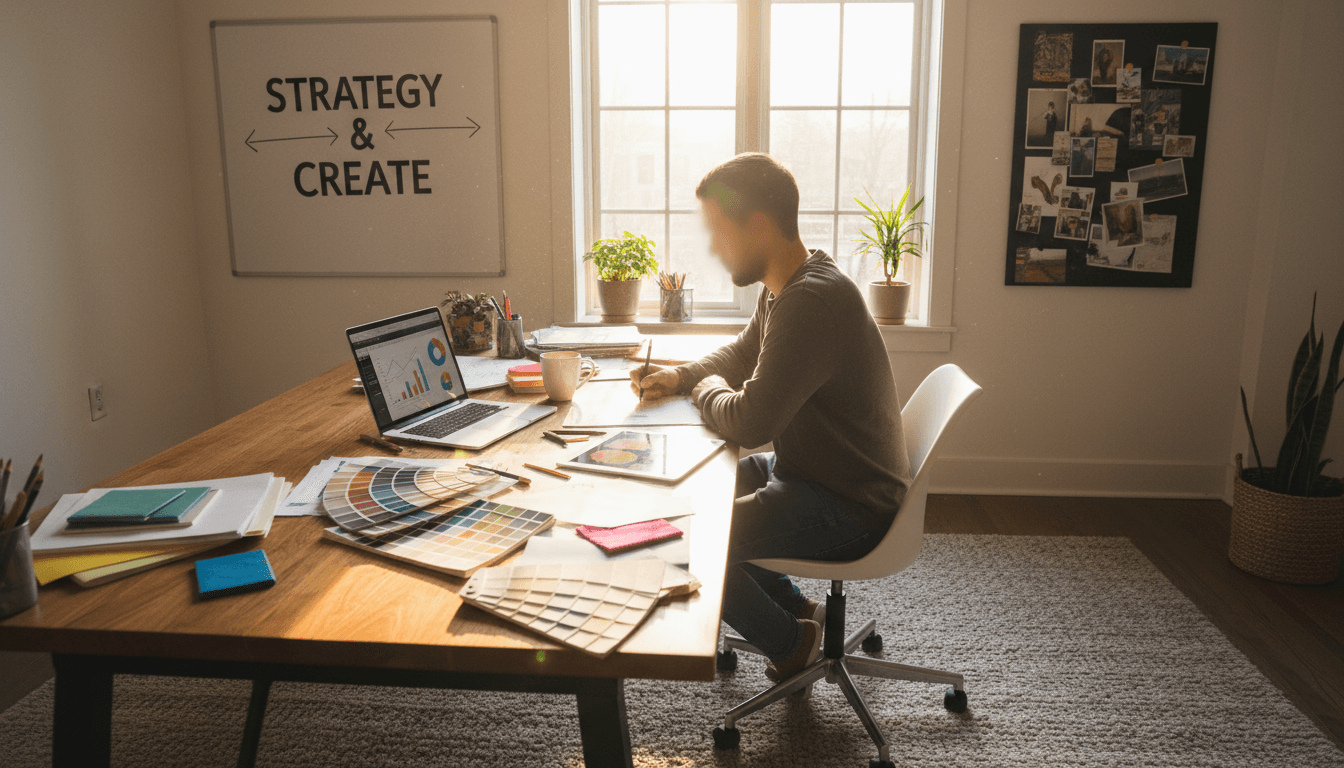 Digital marketing workspace with laptop, tablet, and creative materials