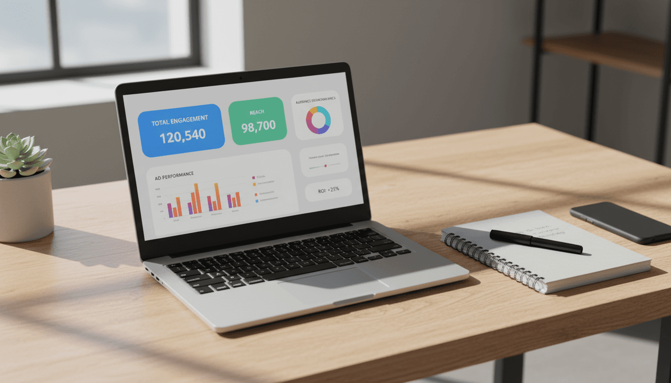 Social media dashboard and marketing analytics on laptop