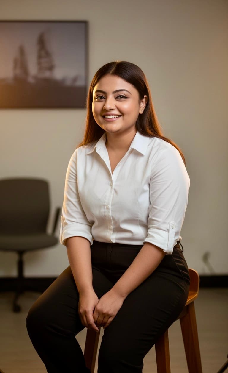 Smiling woman in a white button-down shirt and black trousers sitting on a wooden stool.